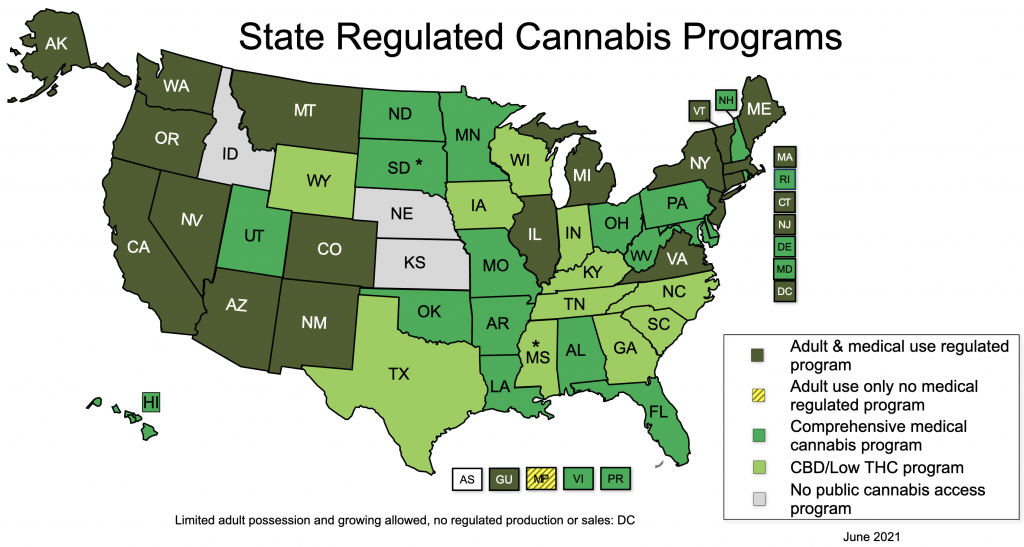 Map of cannabis laws in the United States.